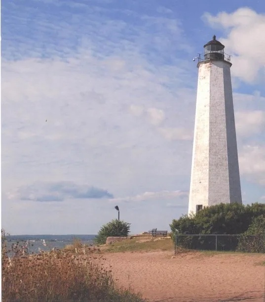 A tall white lighthouse stands against a cloudy sky near a grassy shoreline