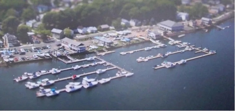 Aerial view of a marina with boats docked at piers